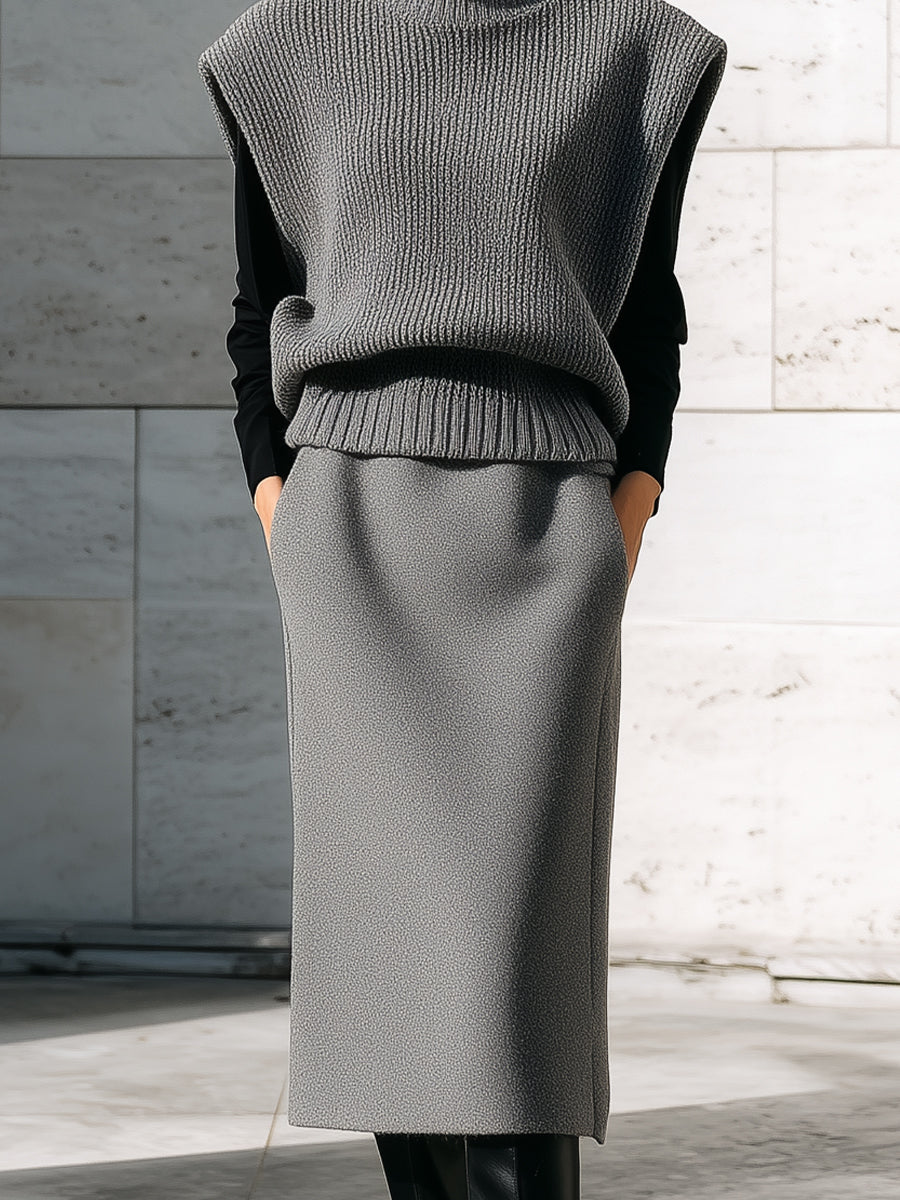 Gray Knit Turtleneck Vest And Midi Skirt Set