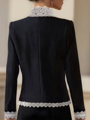 Elegant Pearl Button Blazer With Contrast Lace Trim