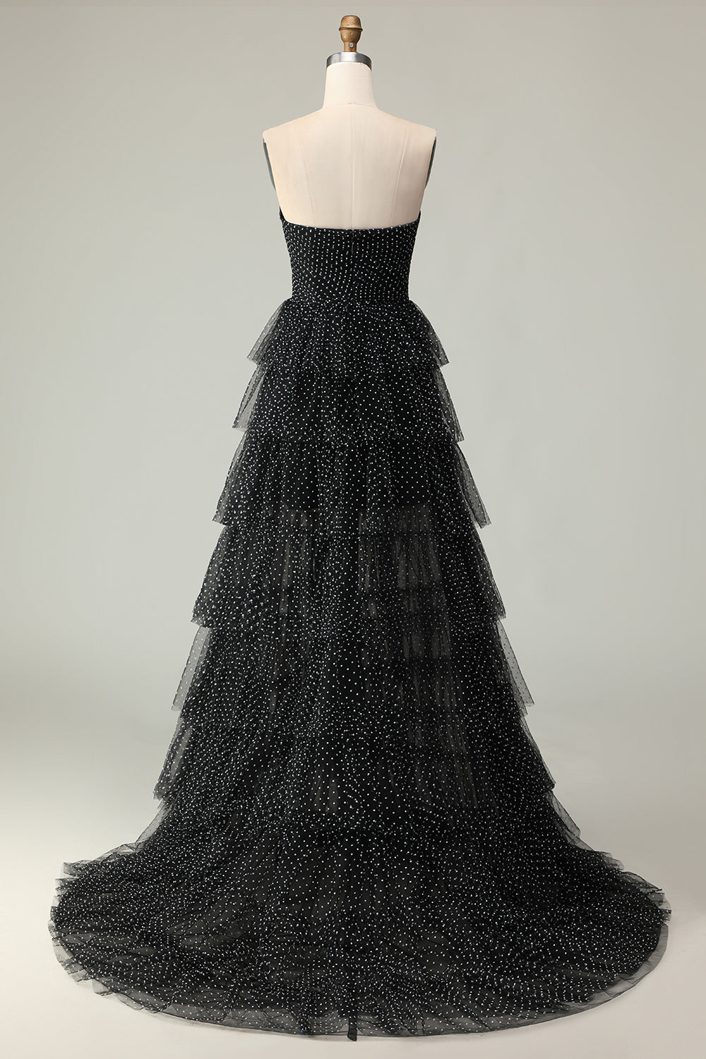 Black Strapless A Line Tiered Ruffle Polka Dots Long Prom Dress with Slit