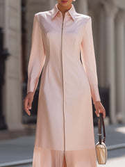 Elegant Zip-Front Midi Dress With Sheer Pleated Hem