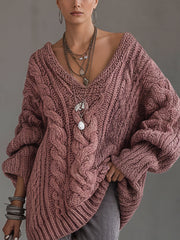Pink Washed Vintage Cable Knit Oversized V-Neck Sweater