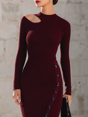 Elegant Burgundy Ribbed Cutout Midi Dress With Side Buttons And Slit