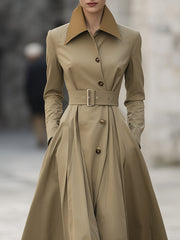 Camel Contrast Collar Belted Trench Coat Dress