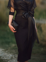 Draped Sheer Overlay Evening Gown With Sculpted Waist Tie