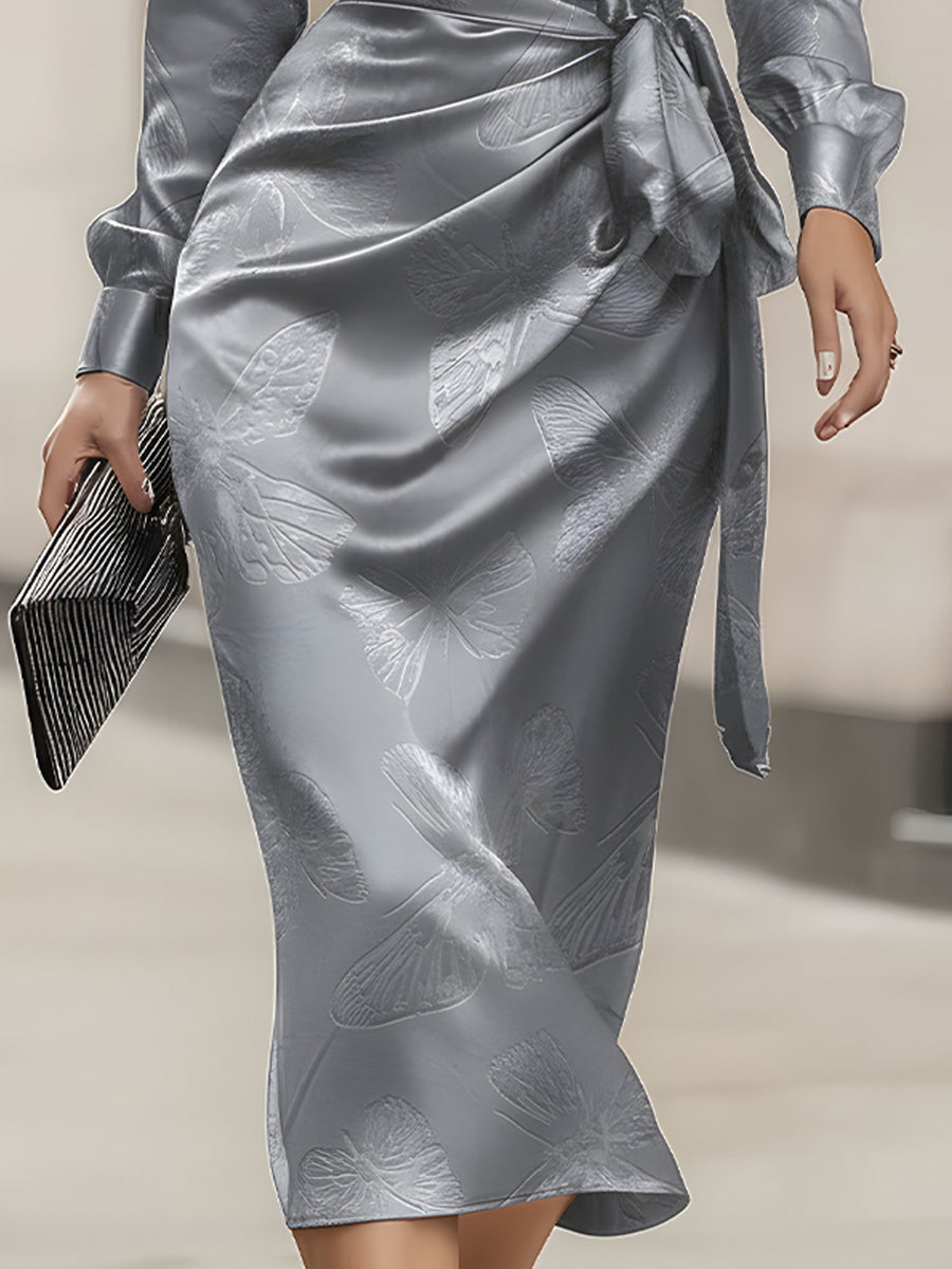 Silver Symphony Elegant Satin Wrap Dress