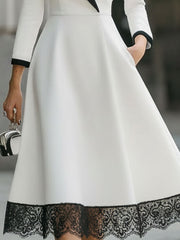 White And Black Contrast Lace Hem Midi Dress