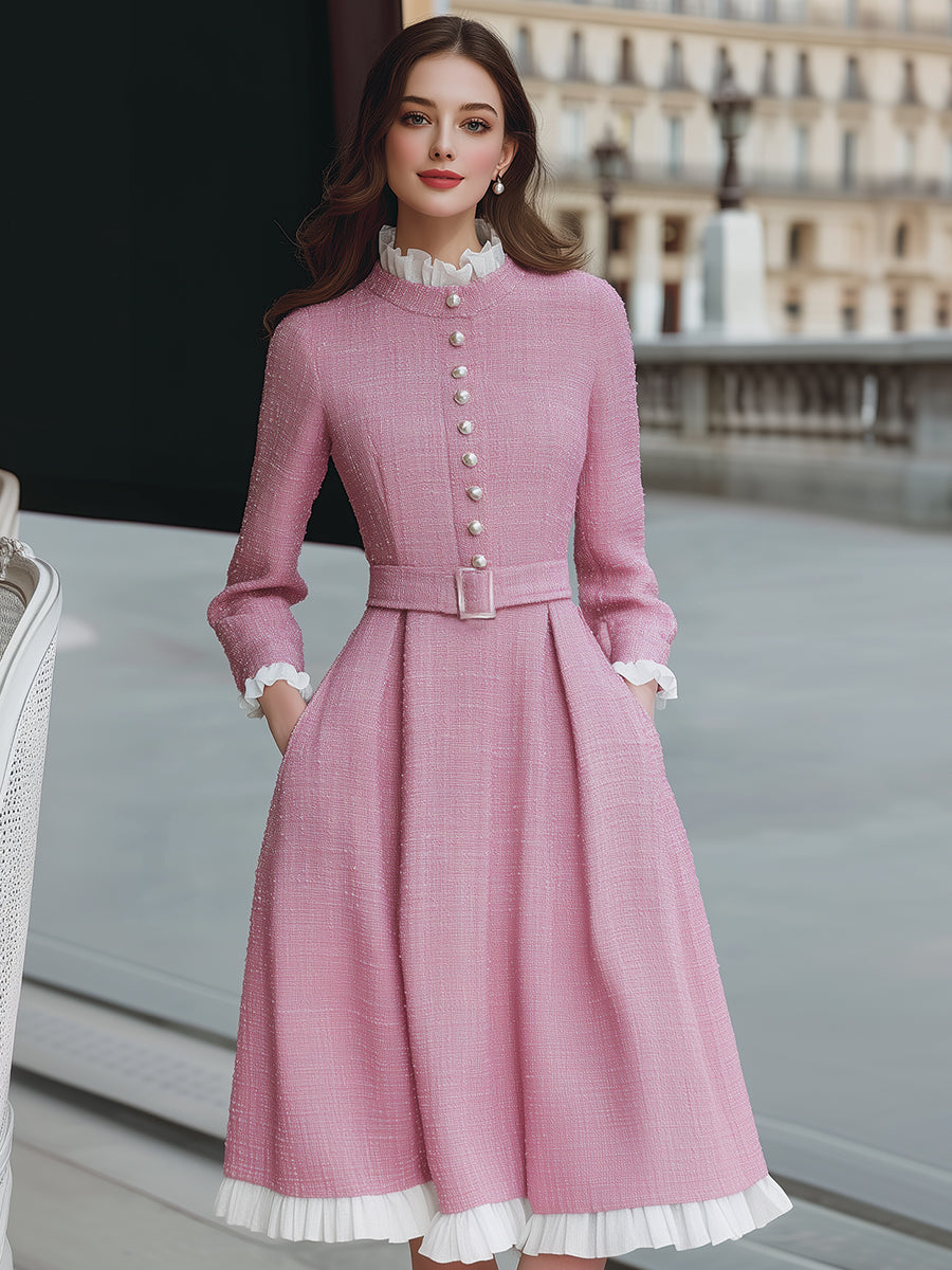 Elegant  Tweed Midi Dress With Pearl Buttons And Pleated Trim