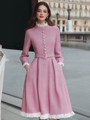 Elegant  Tweed Midi Dress With Pearl Buttons And Pleated Trim