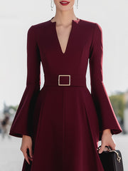 Burgundy V-Neck Bell Sleeve Belted Midi Dress