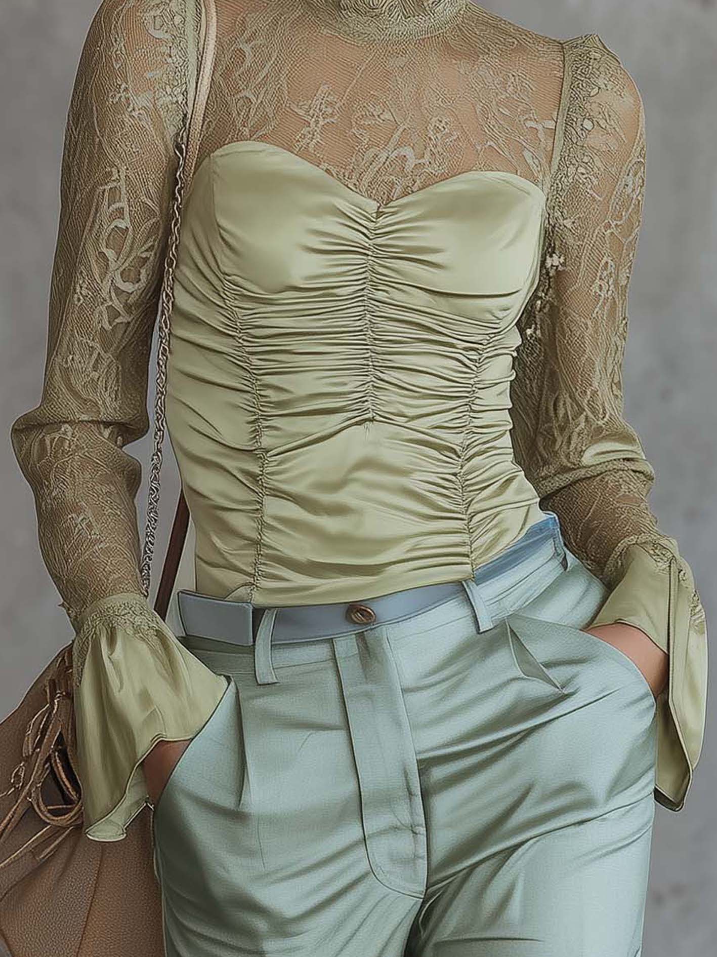 Light Green Lace Patchwork Ruched Shirt With Ruffled Cuffs