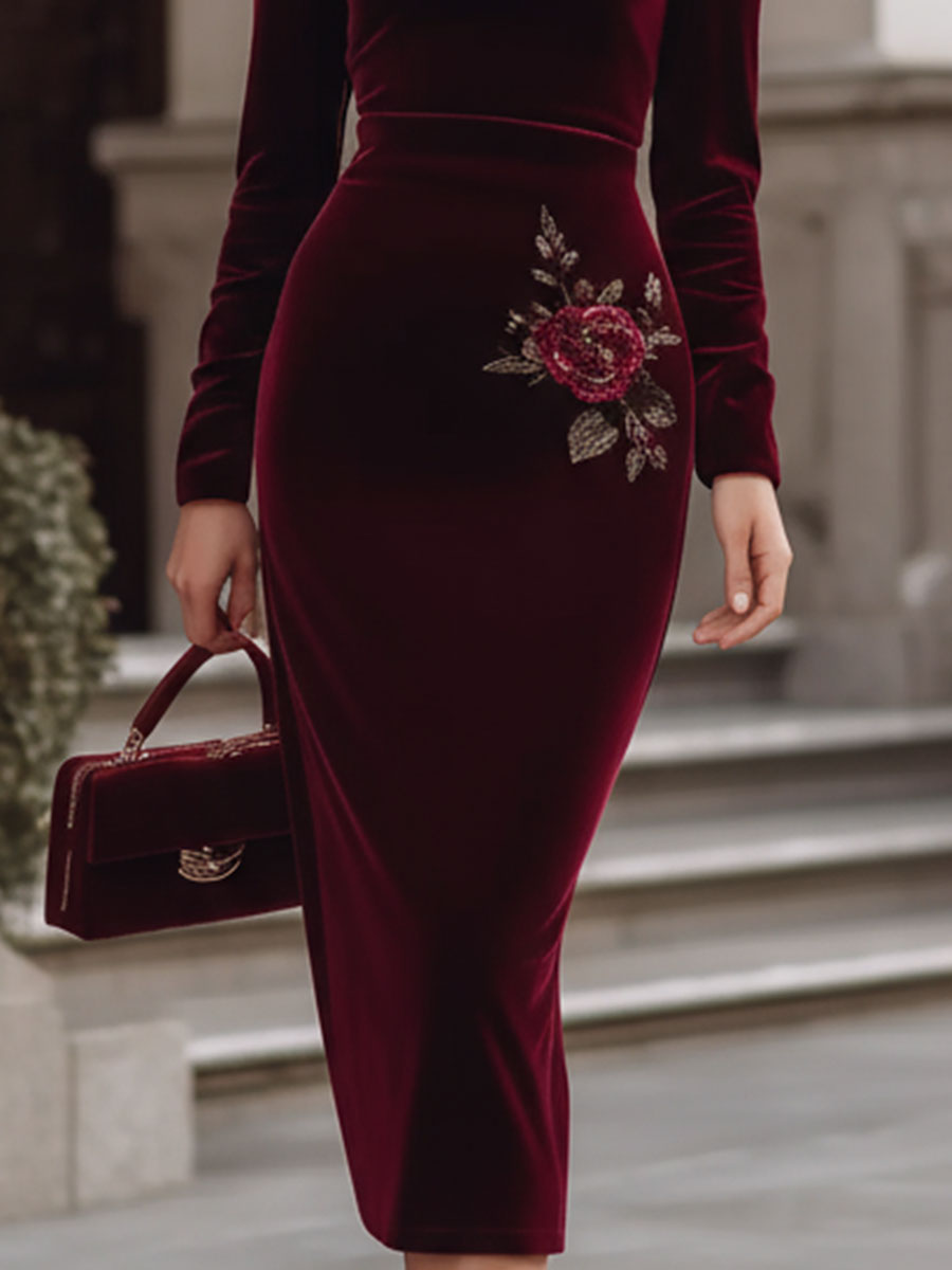 Elegant Burgundy Velvet Boat Neck Midi Dress With Floral Embroidery