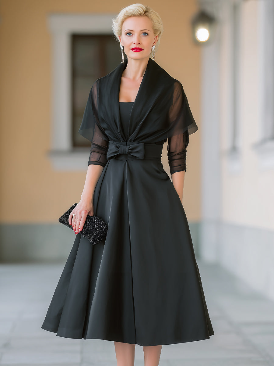 Elegant Bow-Waist Evening Dress With Sheer Shawl Detail