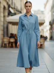 Light Blue Button-Front Drawstring Midi Shirt Dress