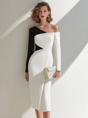 Black And White Asymmetrical One-Shoulder Midi Dress