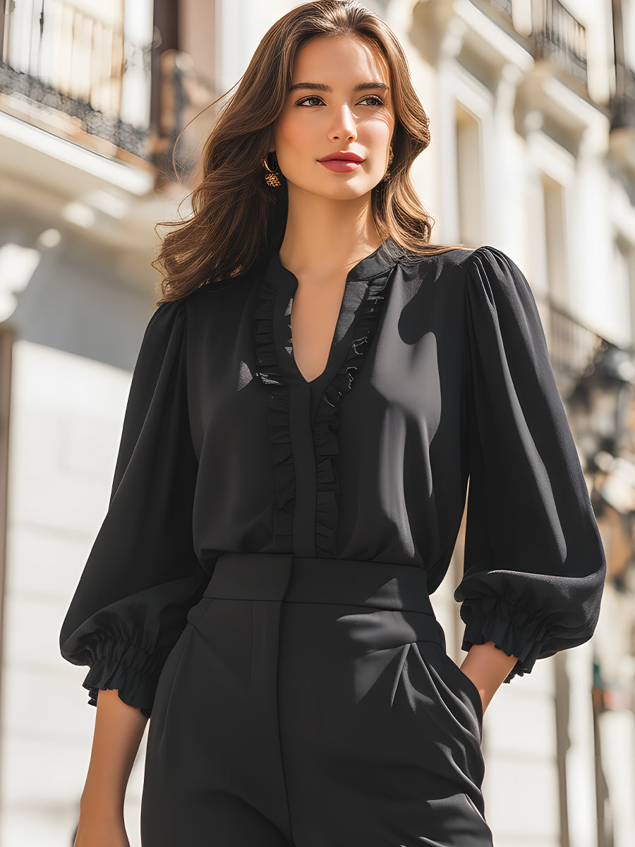Ruffled V-Neck Blouse With Gathered Lantern Sleeves