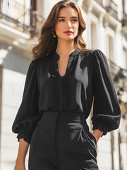 Ruffled V-Neck Blouse With Gathered Lantern Sleeves