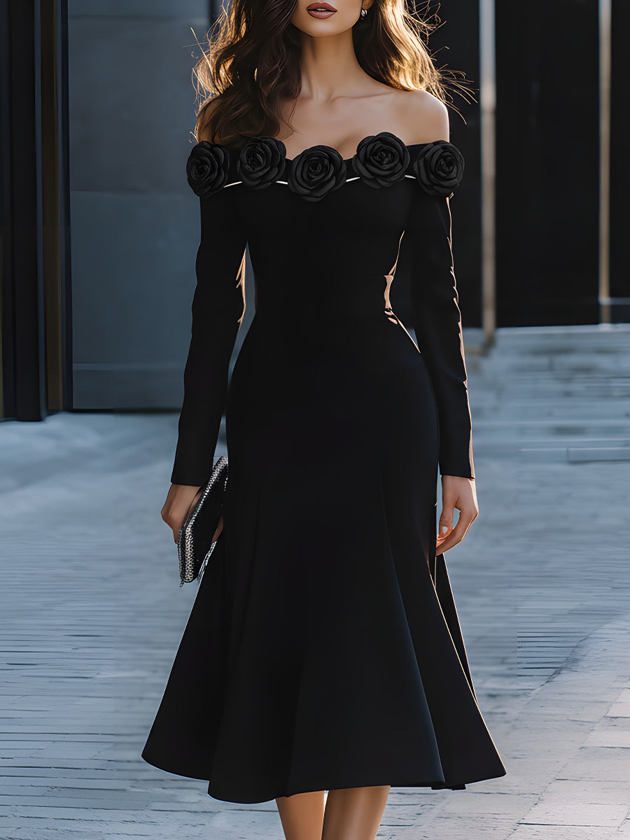 Black Off-Shoulder Midi Dress With Floral Embellishment