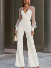 White Mesh-Sleeve Tailored Jumpsuit