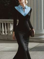 Contrast Collar Long-Sleeve Mermaid Gown