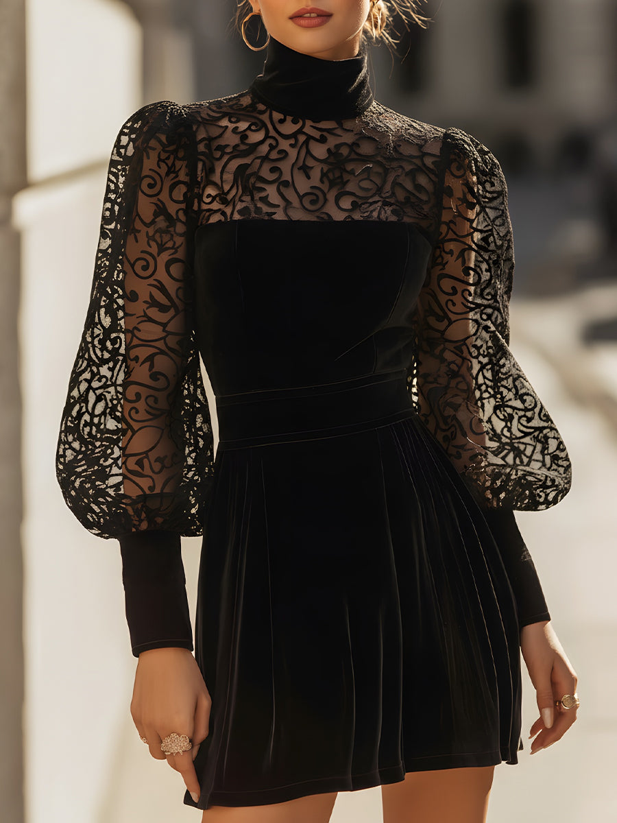 Velvet Mini Dress With Sheer Embroidered Sleeves