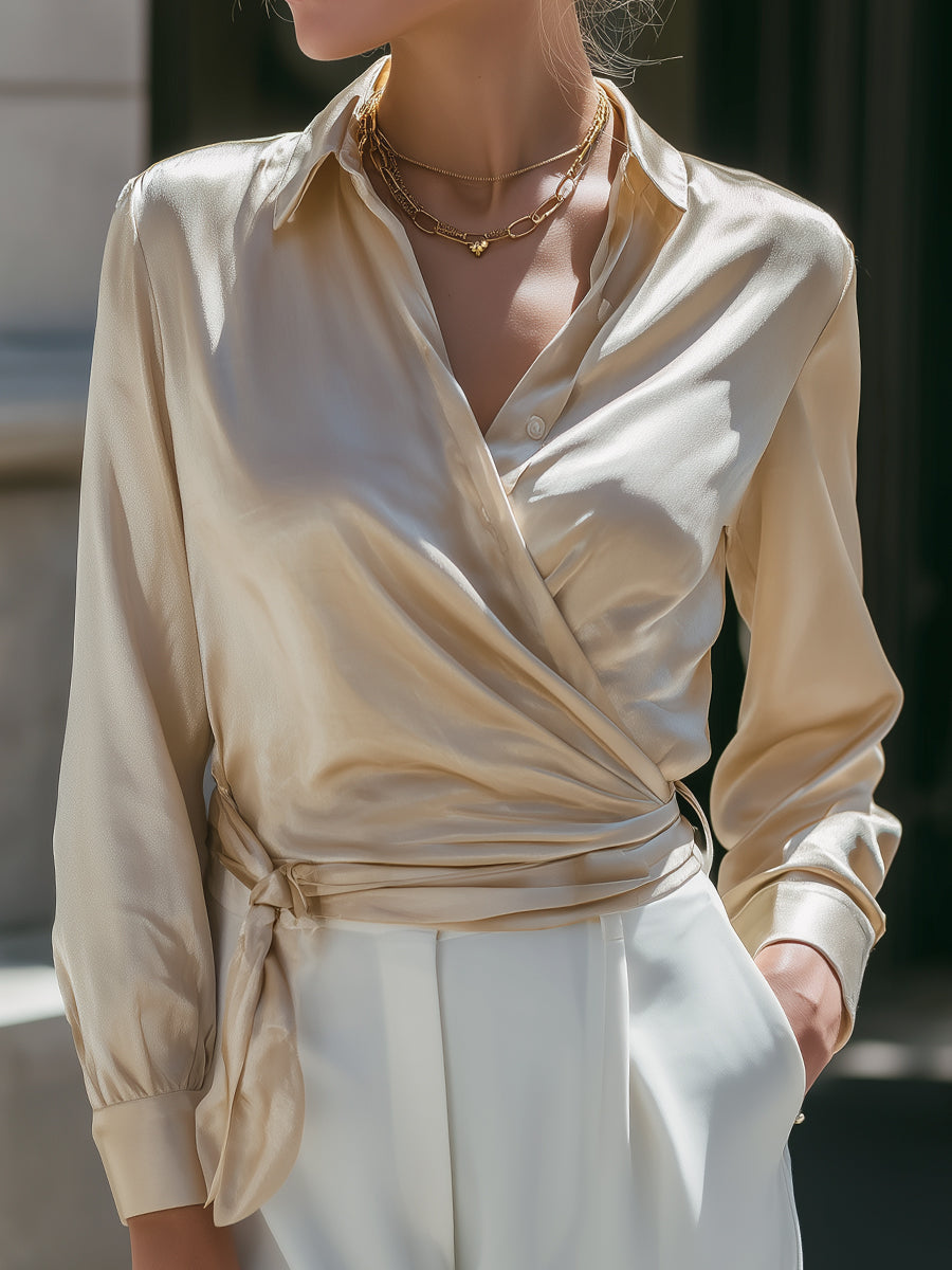 Beige Satin Wrap Blouse With Side Tie