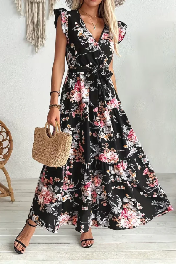 Belted Floral Print Swing Dress Elegant