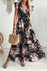 Belted Floral Print Swing Dress Elegant