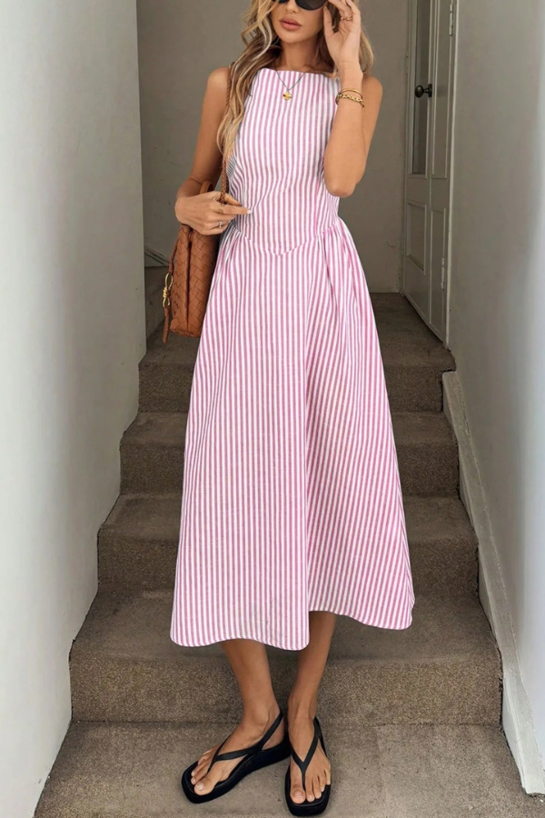 Striped Pleated Halter Neck Midi Dresses