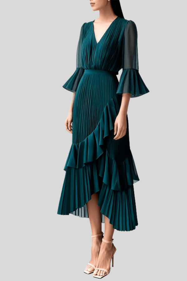 Ruffle Pleated Midi Dresses Elegant