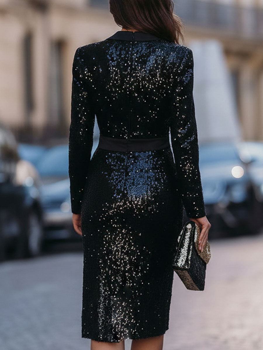 Black Sequin Tuxedo - Style Midi Dress With Side Slit