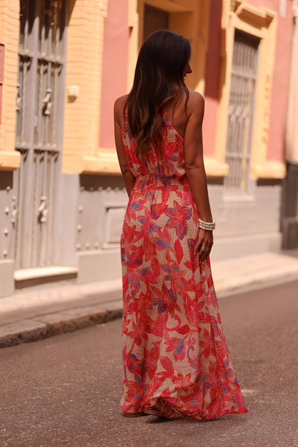 Tropical Halter Neck Keyhole Maxi Dresses