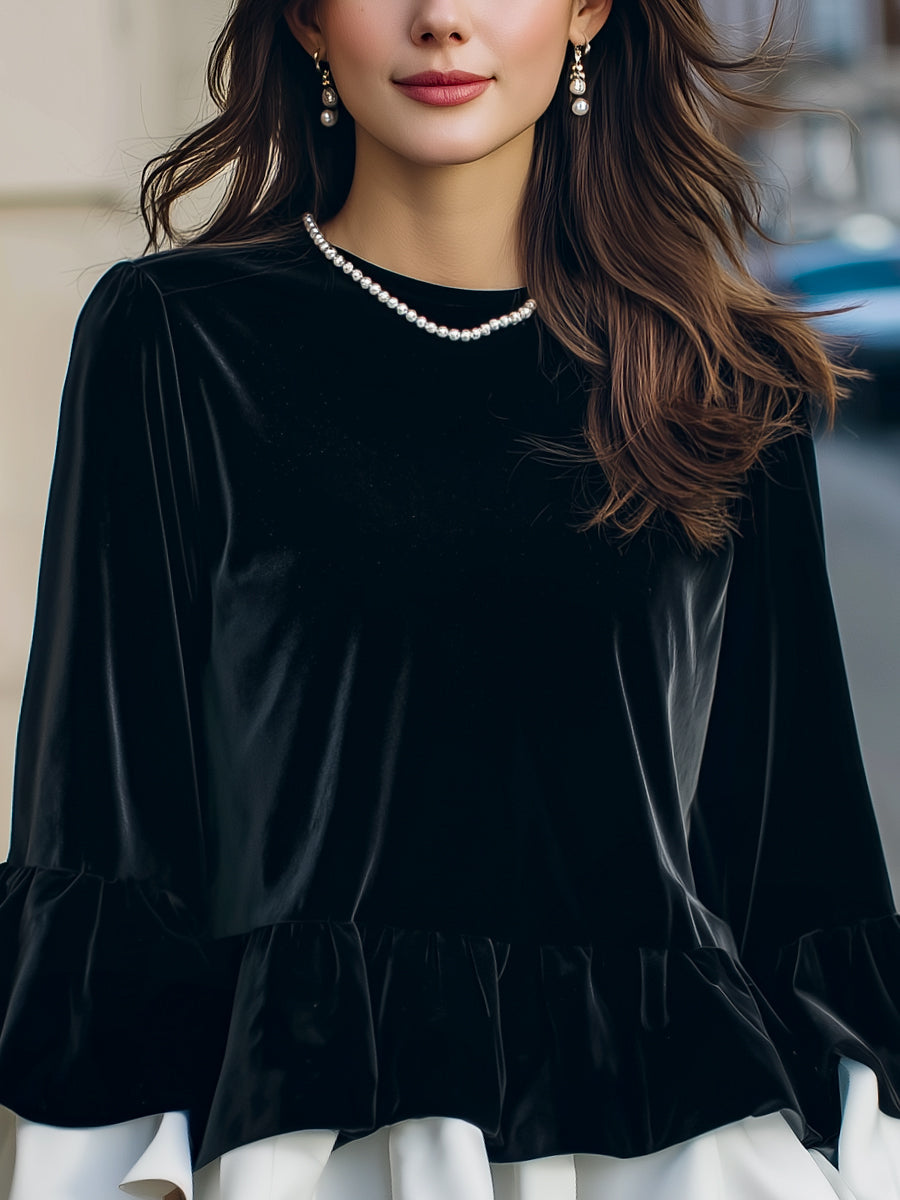 Velvet Ruffle Hem Blouse With Contrast Layered Flounces