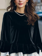 Velvet Ruffle Hem Blouse With Contrast Layered Flounces