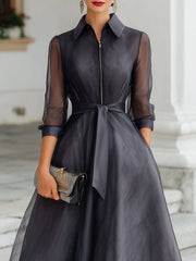 Elegant Belted Midi Dress With Sheer Structured Bodice