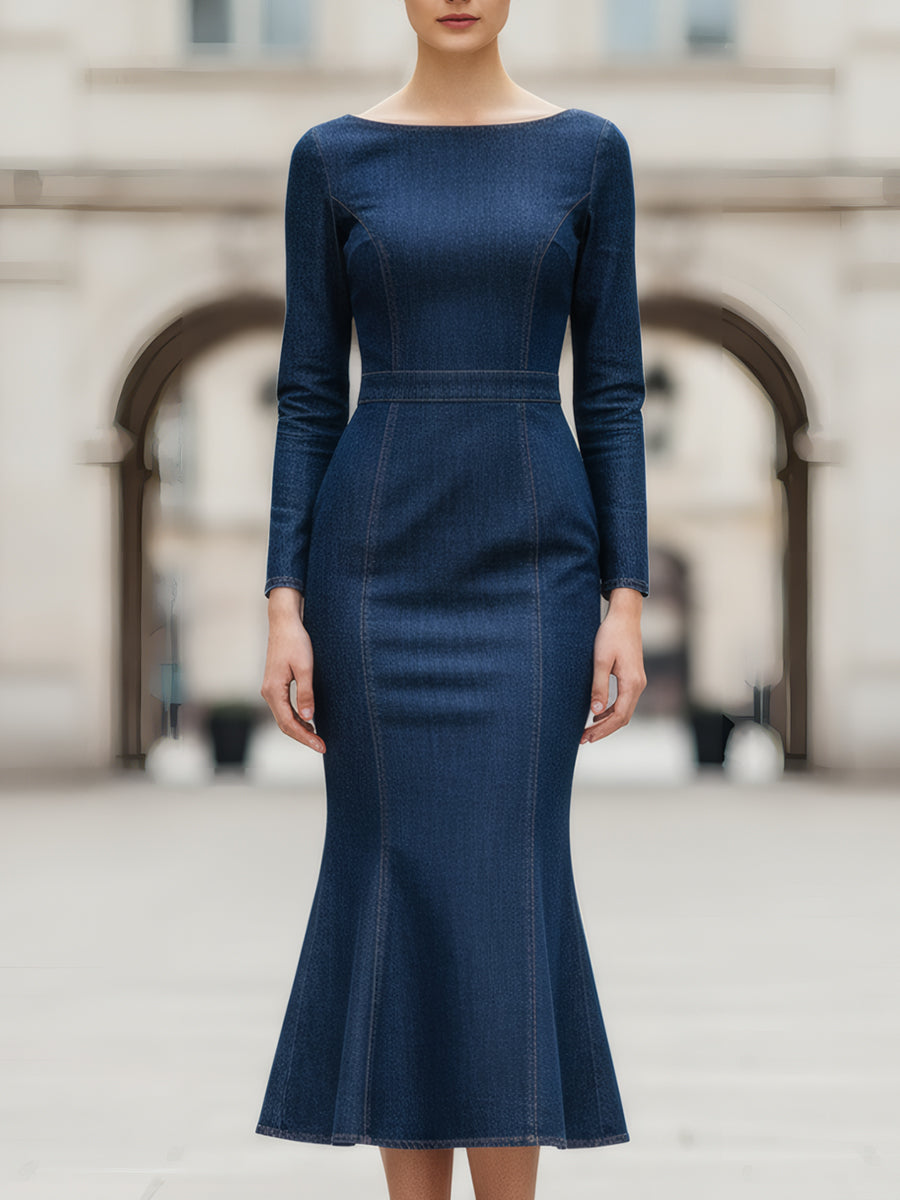 Dark Indigo Tailored Denim Midi Dress