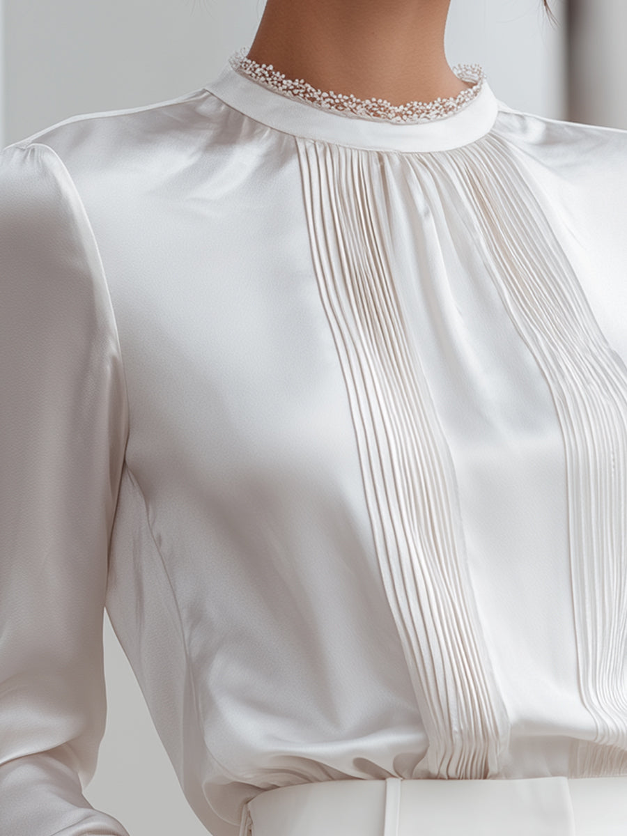 Pleated Front Satin Blouse With Refined Collar