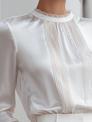 Pleated Front Satin Blouse With Refined Collar