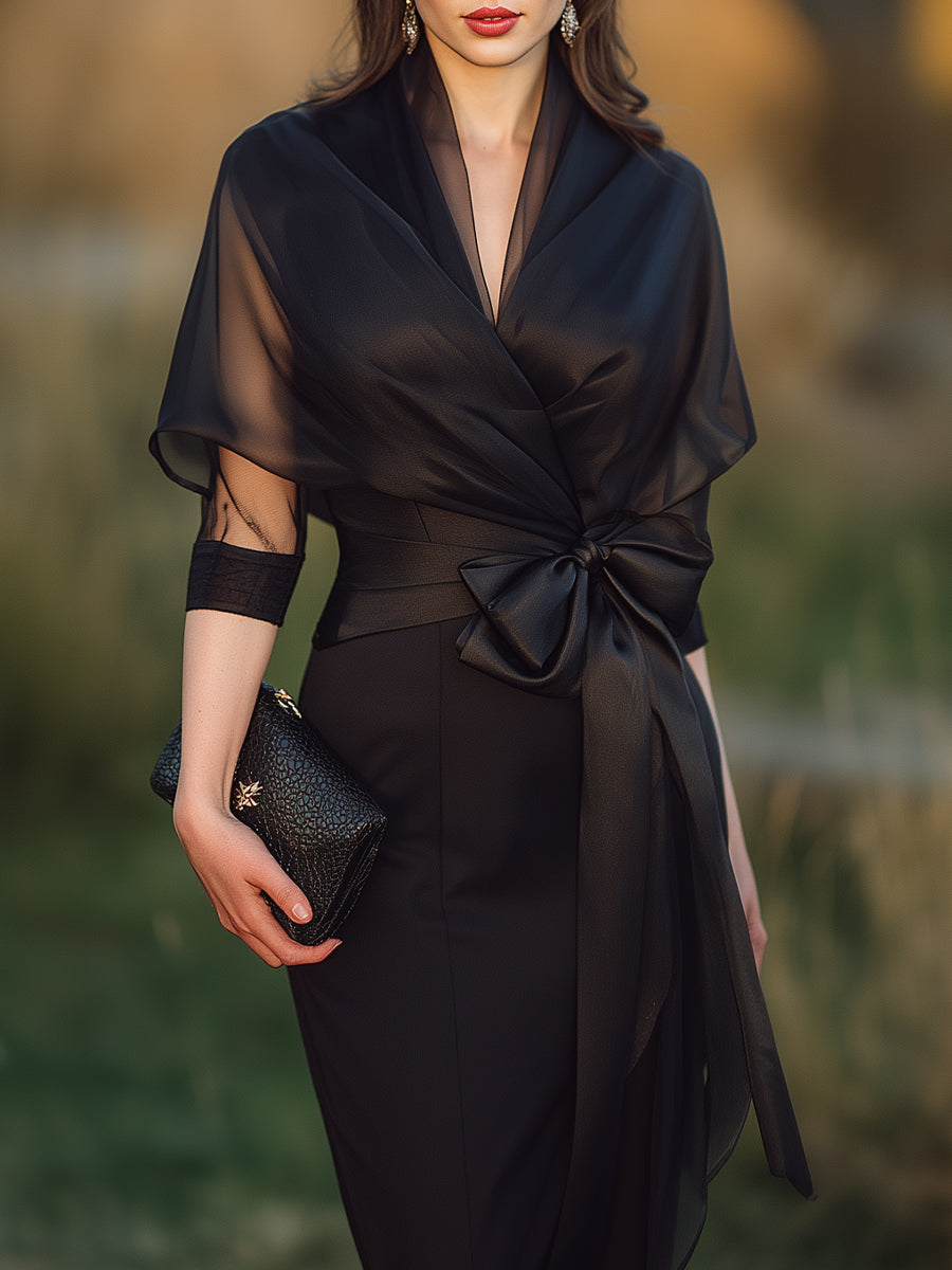 Draped Sheer Overlay Evening Gown With Sculpted Waist Tie