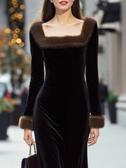 Luxurious Black Velvet Gown With Faux Fur Trim