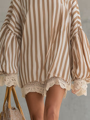 Beige Striped Puff Sleeve Lace Trim Oversized Mini Dress
