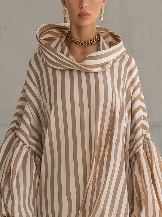 Beige Striped Puff Sleeve Lace Trim Oversized Mini Dress