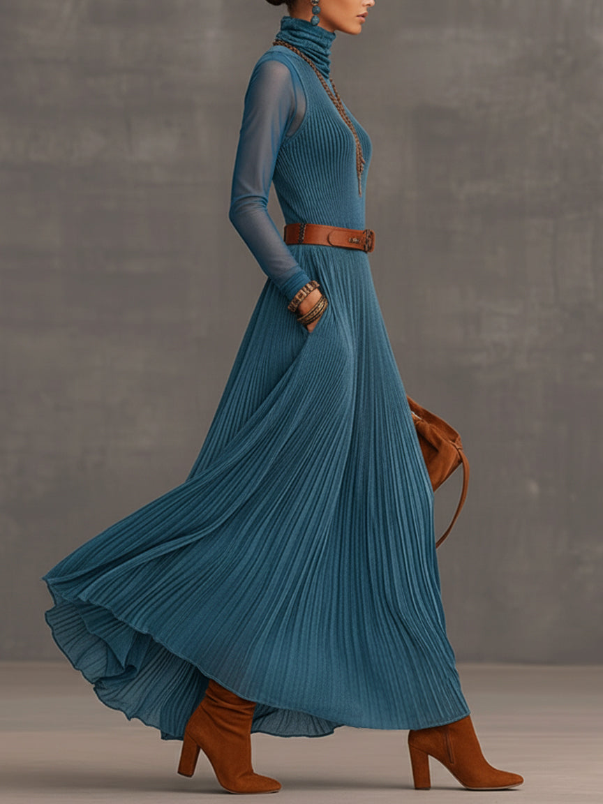 Blue Velvet Mesh Sleeve Maxi Dress With Brown Belt