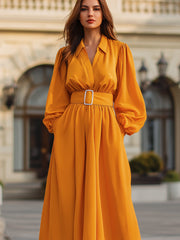 V-Neckline Belted Long-Sleeve A-Line Midi Dress