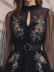 Floral Embroidered Sheer Black Dress With Cinched Waist