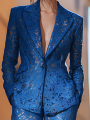 Chic Royal Blue Lace Tailored Suit Set