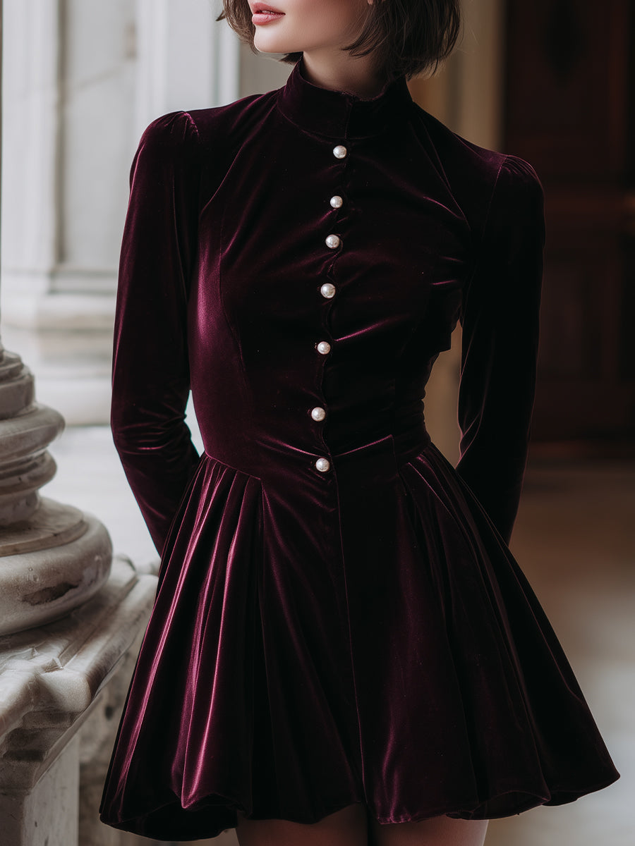 Regal Velvet Pearl-Button Fit-and-Flare Dress