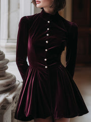 Regal Velvet Pearl-Button Fit-and-Flare Dress
