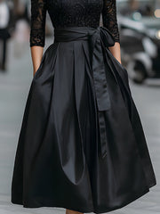 Elegant Black Lace Bodice Dress With Satin Pleated Skirt
