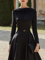 Elegant Belted Midi Dress With Sculpted Boat Neckline