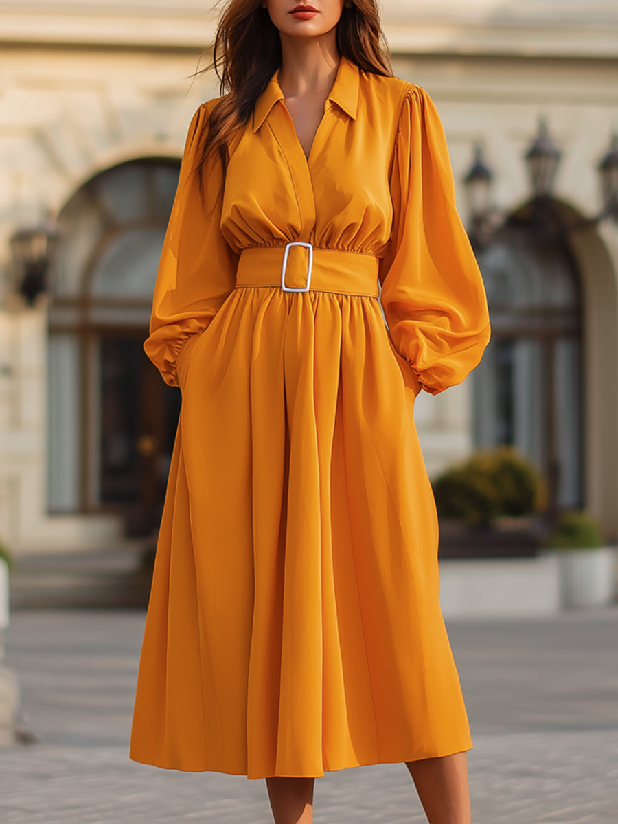 V-Neckline Belted Long-Sleeve A-Line Midi Dress